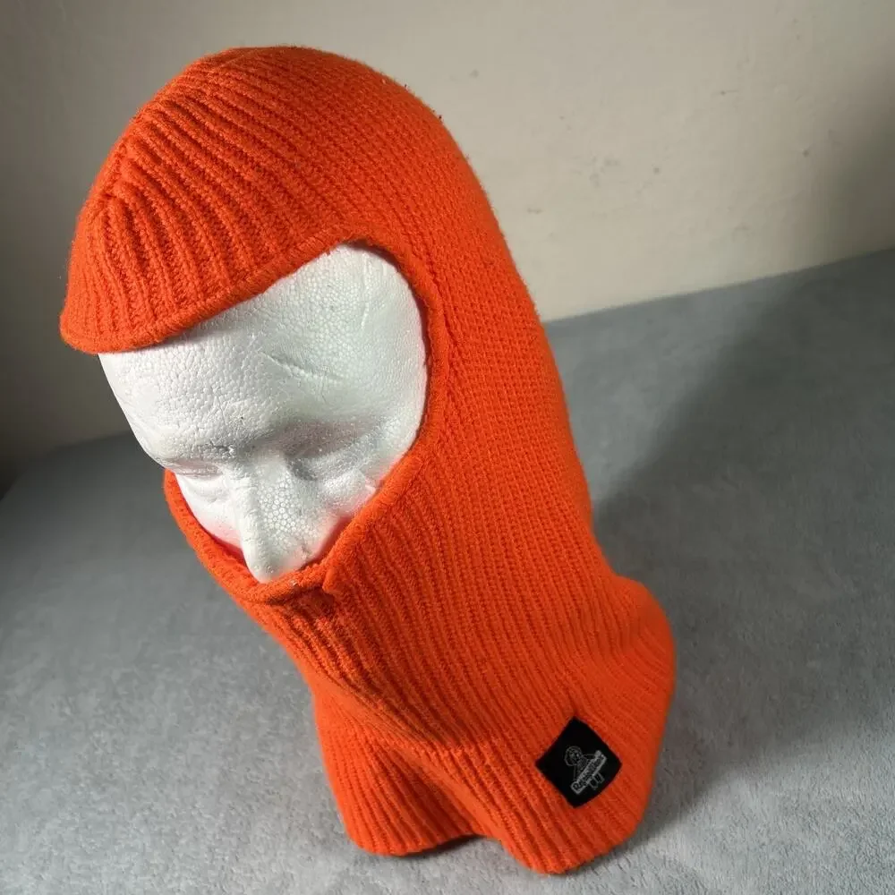 Vintage Y2K 2000s Ski Mask Balaclava Fleece Striped Orange Worker Corduroy Snow - Picture 10 of 11